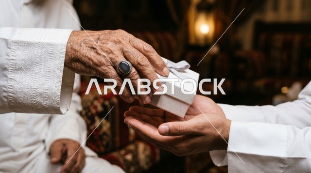 Elderly Hand Giving White Gift Box in Traditional Attire