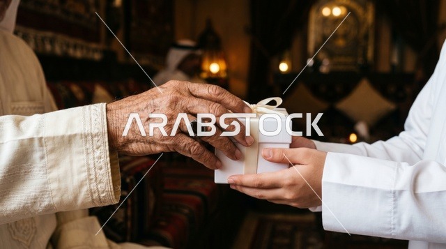Elderly Hand Giving White Gift Box in Saudi Majlis