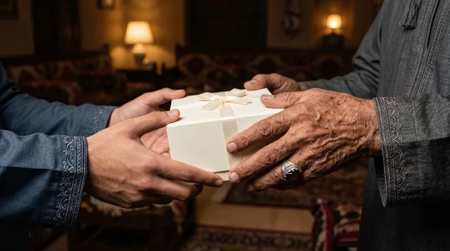 Elderly Man Handing Over Gift Box Close Up