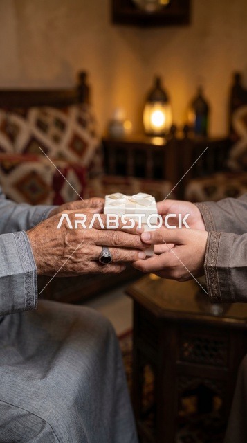 Elderly Hands Giving Gift Box in Traditional Setting