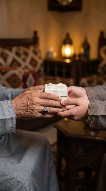 Elderly Hands Giving Gift Box in Traditional Setting