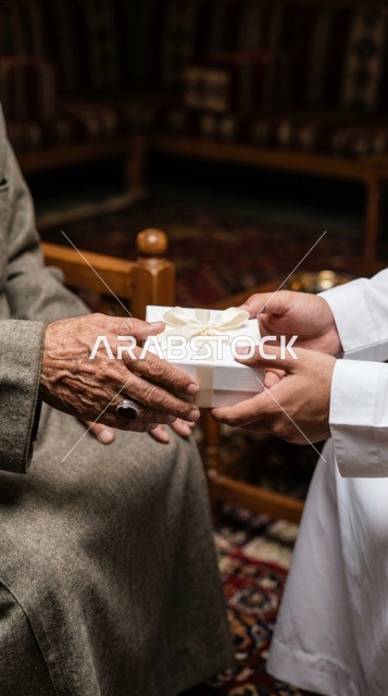 Giving Gift Box to Elderly Man in Traditional Majlis