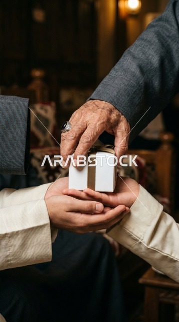 Elderly Hand Giving Gift Box in Traditional Setting