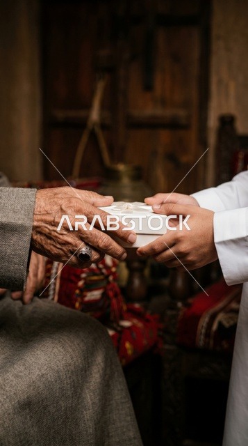 Elderly Hand Receiving White Gift Box Close Up