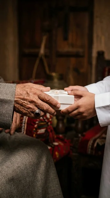 Elderly Hand Receiving White Gift Box Close Up