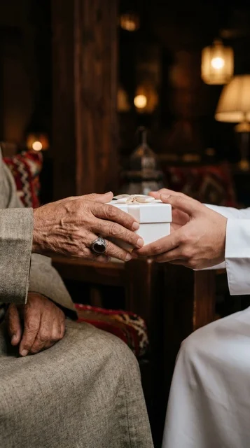 Giving Udhiyah Gift Box to Elderly Man Close-up