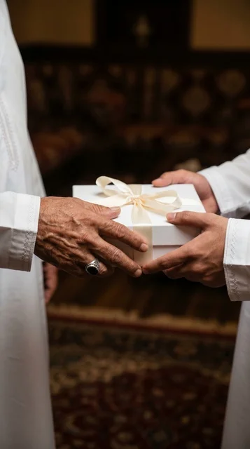 Traditional Saudi Men Exchanging White Gift Box Close Up