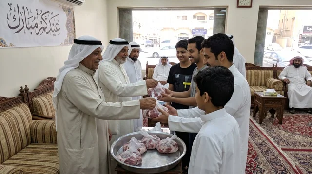 رجال كويتيون يوزعون لحم الأضاحي في ديوانية تقليدية