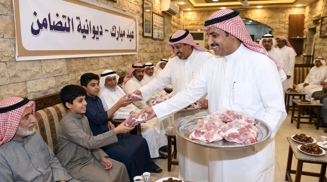 توزيع لحم الأضاحي بين الرجال في ديوانية كويتية تقليدية