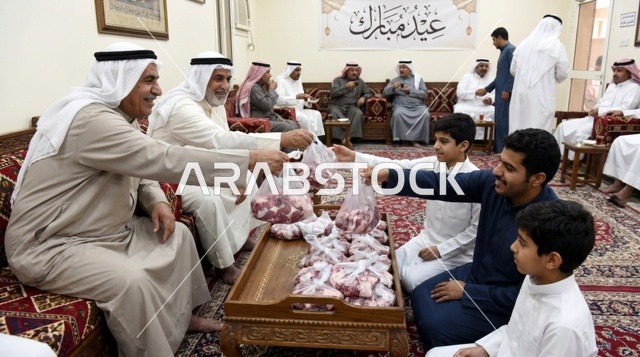توزيع لحم الأضاحي في ديوانية كويتية تقليدية