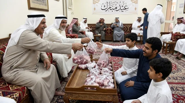توزيع لحم الأضاحي في ديوانية كويتية تقليدية