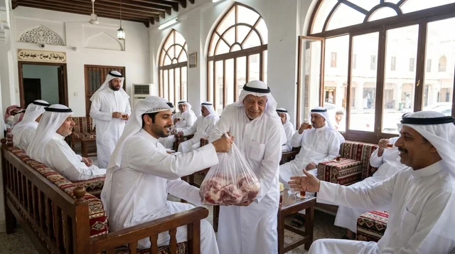 توزيع لحوم الأضحية والصدقات داخل ديوانية كويتية تقليدية
