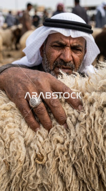رجل كويتي يتفحص صوف خروف النعيمي في السوق