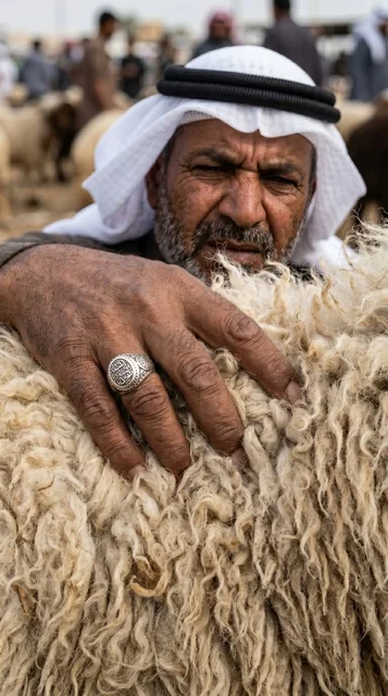 رجل كويتي يتفحص صوف خروف النعيمي في السوق