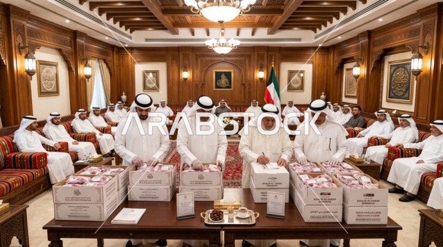 رجال كويتيون يوزعون صناديق لحم العيد في ديوانية