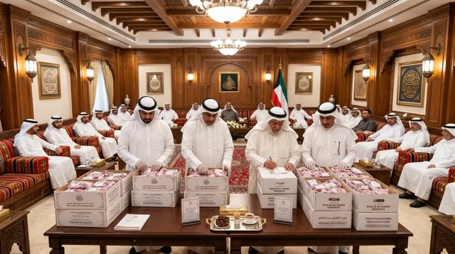 Kuwaiti Men in Diwaniya Distributing Eid Meat Boxes