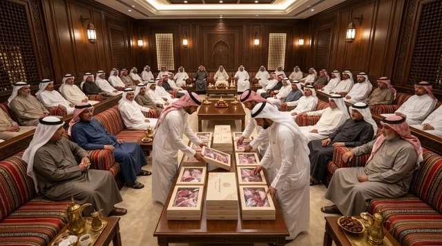 Men Gathering in Kuwaiti Diwaniya for Eid Meat Distribution