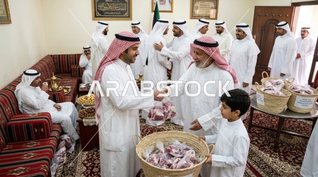 توزيع لحم الأضحية في ديوانية كويتية تقليدية