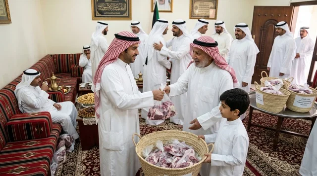 توزيع لحم الأضحية في ديوانية كويتية تقليدية