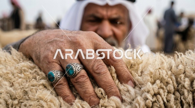 Kuwaiti Man Examining Sheep Wool Close Up