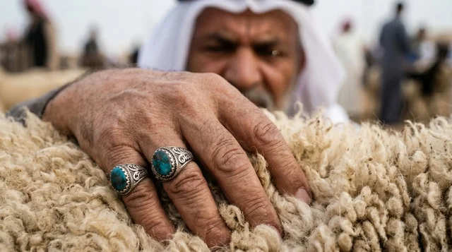 رجل كويتي يفحص صوف خروف أضحية العيد