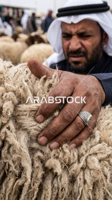 رجل كويتي يفحص صوف خروف النعيمي في سوق الغنم