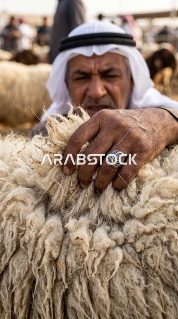 رجل كويتي يفحص صوف خروف أضحية العيد