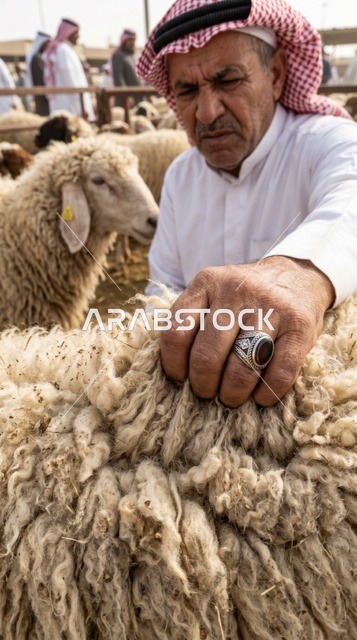 رجل كويتي يفحص صوف خروف النعيمي لاختيار أضحية العيد