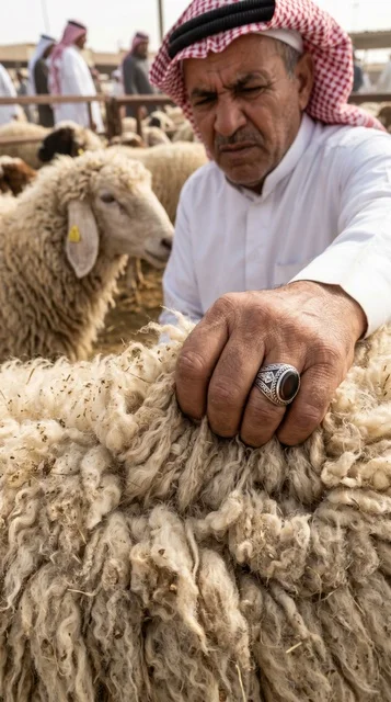Kuwaiti Man Examining Naimi Sheep Wool for Eid Sacrifice