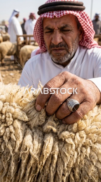 رجل كويتي يفحص صوف خروف النعيمي في السوق