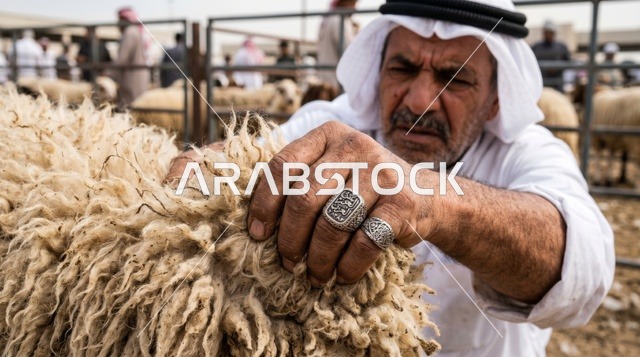 رجل كويتي يفحص صوف خروف في السوق