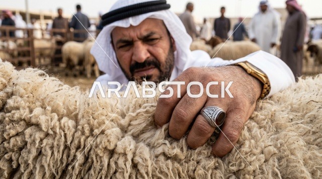 رجل كويتي يفحص صوف خروف نعيمي في سوق الماشية