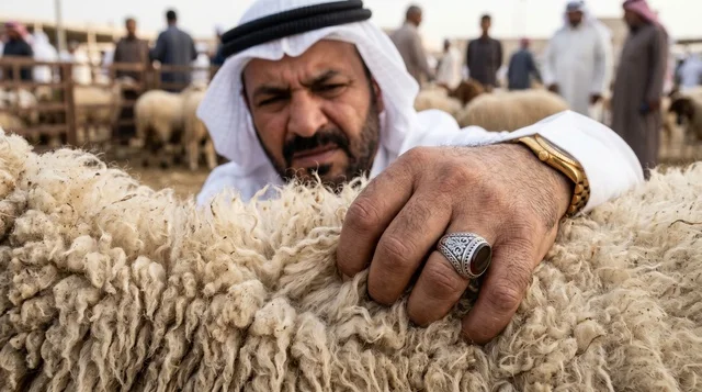 رجل كويتي يفحص صوف خروف نعيمي في سوق الماشية