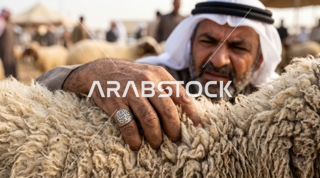 رجل كويتي يتفحص صوف خروف في سوق الماشية