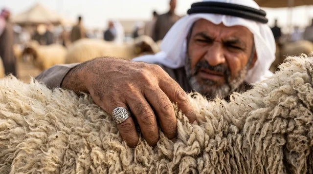 رجل كويتي يتفحص صوف خروف في سوق الماشية