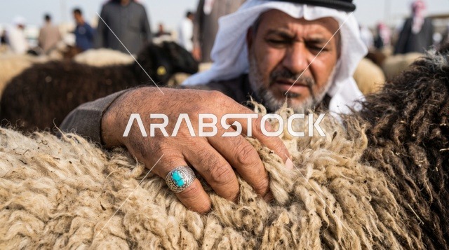 رجل كويتي يفحص صوف خروف النعيمي في السوق
