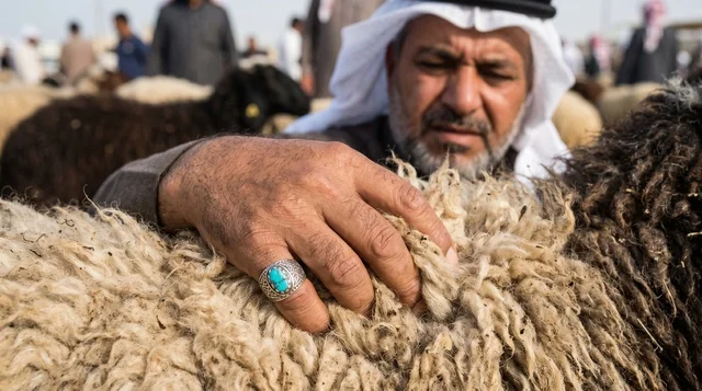 رجل كويتي يفحص صوف خروف النعيمي في السوق