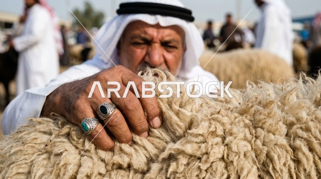 رجل كويتي يفحص صوف خروف النعيمي في السوق