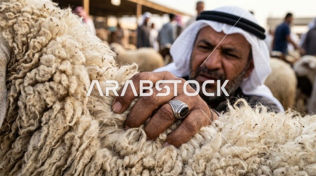 رجل كويتي يتفحص صوف الخروف في سوق الأغنام