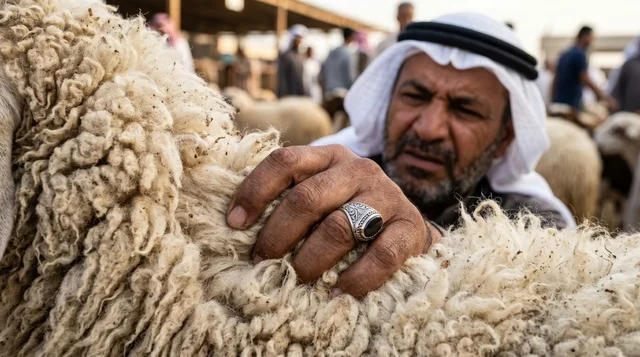 رجل كويتي يتفحص صوف الخروف في سوق الأغنام