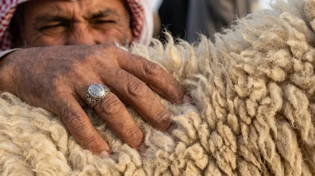 يد رجل كويتي تتفحص صوف خروف نعيمي