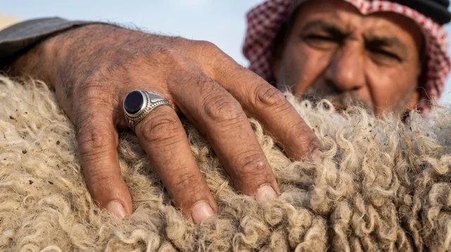 رجل كويتي يتفحص صوف خروف النعيمي لأضحية العيد