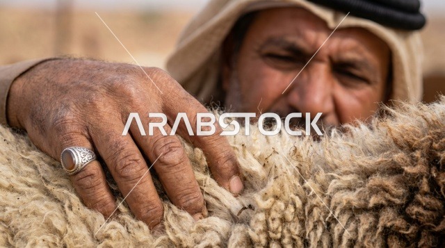 رجل كويتي يفحص صوف خروف النعيمي لاختيار أضحية العيد