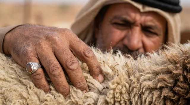رجل كويتي يفحص صوف خروف النعيمي لاختيار أضحية العيد رجل كويتي يفحص صوف خروف النعيمي لاختيار أضحية العيد