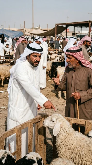 Kuwaiti Men Negotiating Livestock at Traditional Sheep Market
