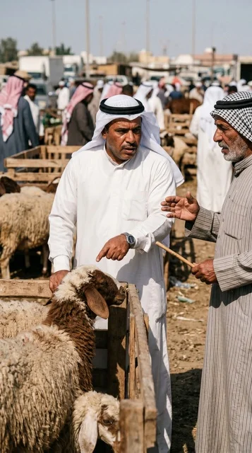 Kuwaiti Men Negotiating Livestock Purchase at Sheep Market