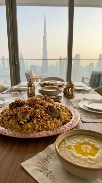 Emirati Majboos and Lamb Feast with Dubai Skyline View