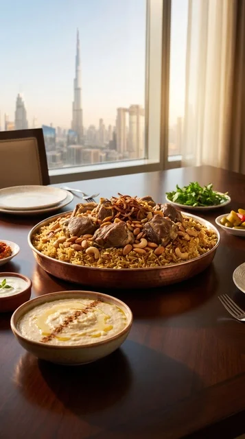 Luxury Emirati Lamb Machboos with Dubai Burj Khalifa View