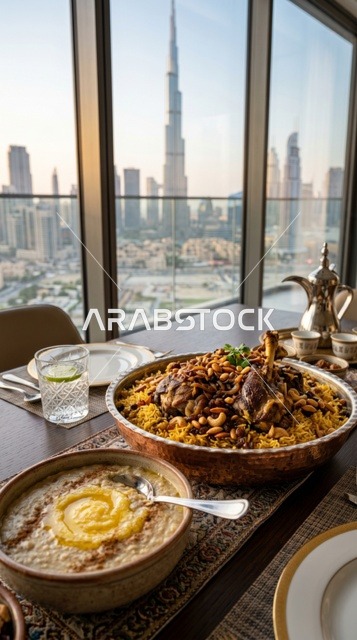 مائدة عيد الأضحى الإماراتية الفاخرة مع المكبوس ولحم الخروف، المطبخ الإماراتي التقليدي.