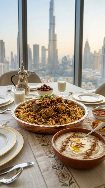 مائدة المطبخ الإماراتي مع إطلالة برج خليفة في دبي